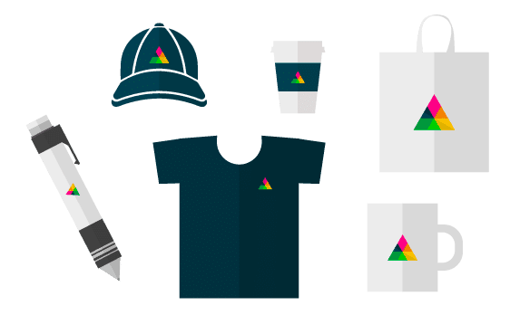 Illustration af kasket, kopper, T-shirt, kuglepen og mulepose med logo tryk